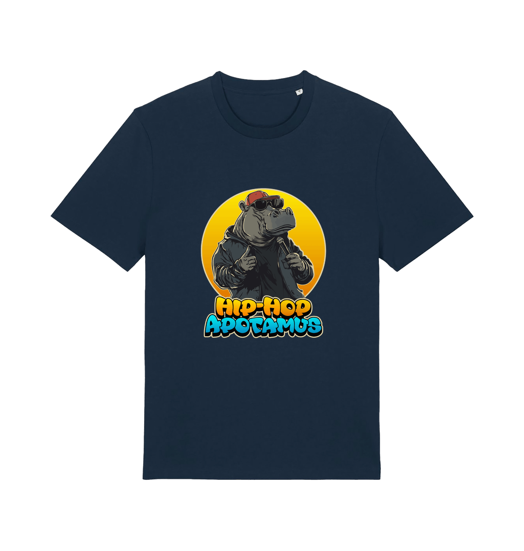 navy funny animal t-shirt with the graphic of a hippo and the slogan 'hip-hop apotamus'