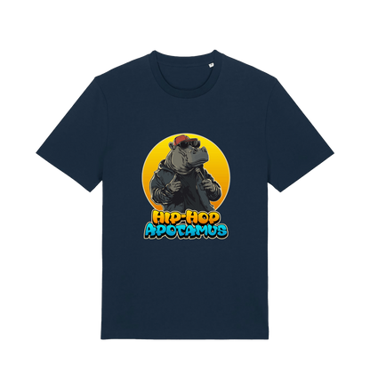 navy funny animal t-shirt with the graphic of a hippo and the slogan 'hip-hop apotamus'