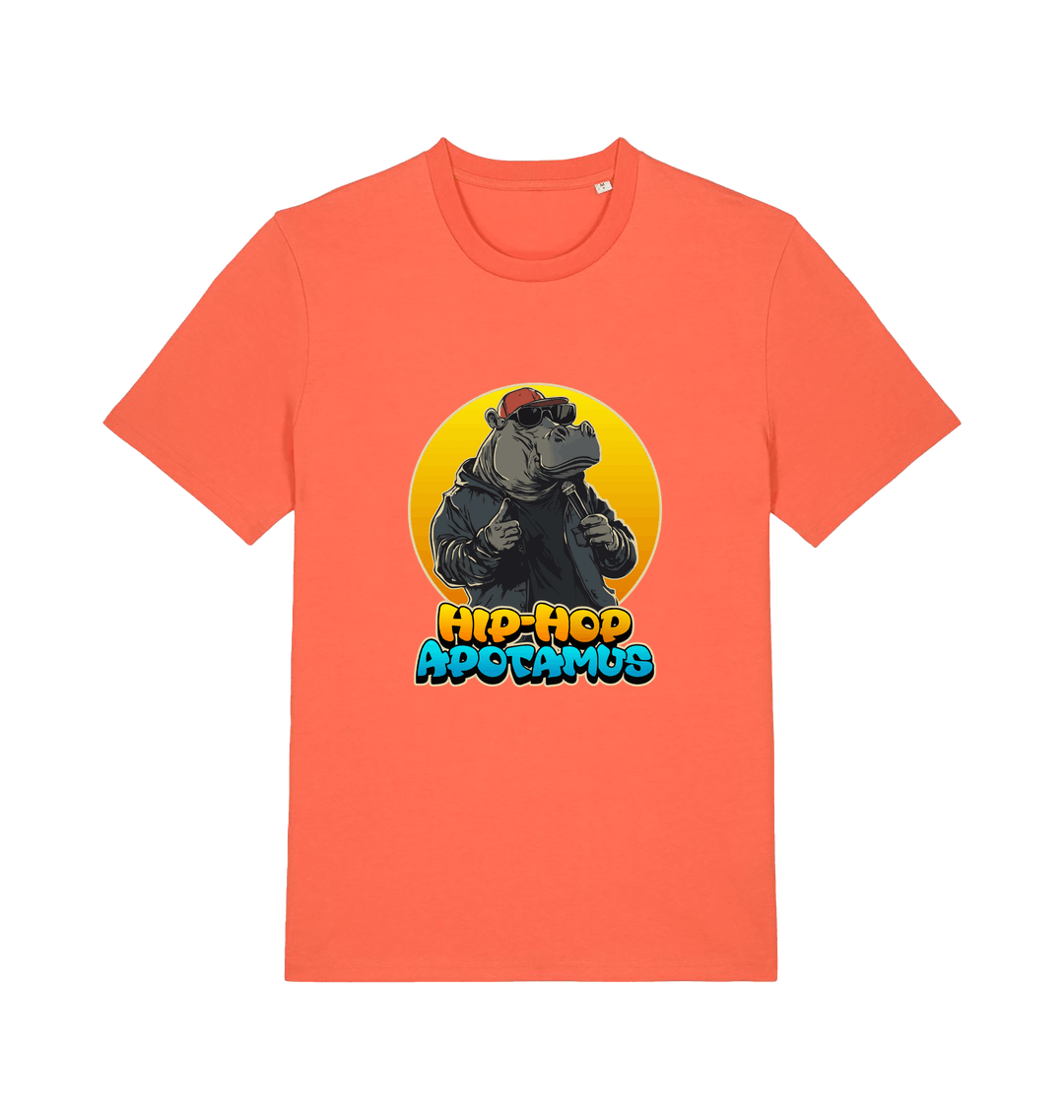 orange funny animal t-shirt with the graphic of a hippo and the slogan 'hip-hop apotamus'