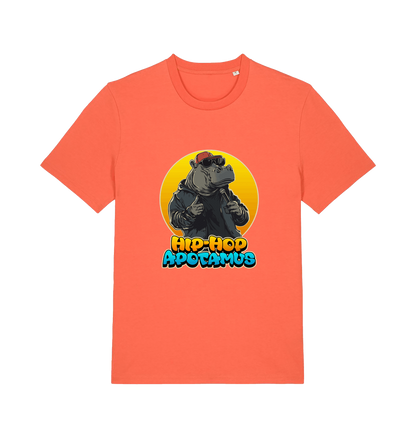 orange funny animal t-shirt with the graphic of a hippo and the slogan 'hip-hop apotamus'
