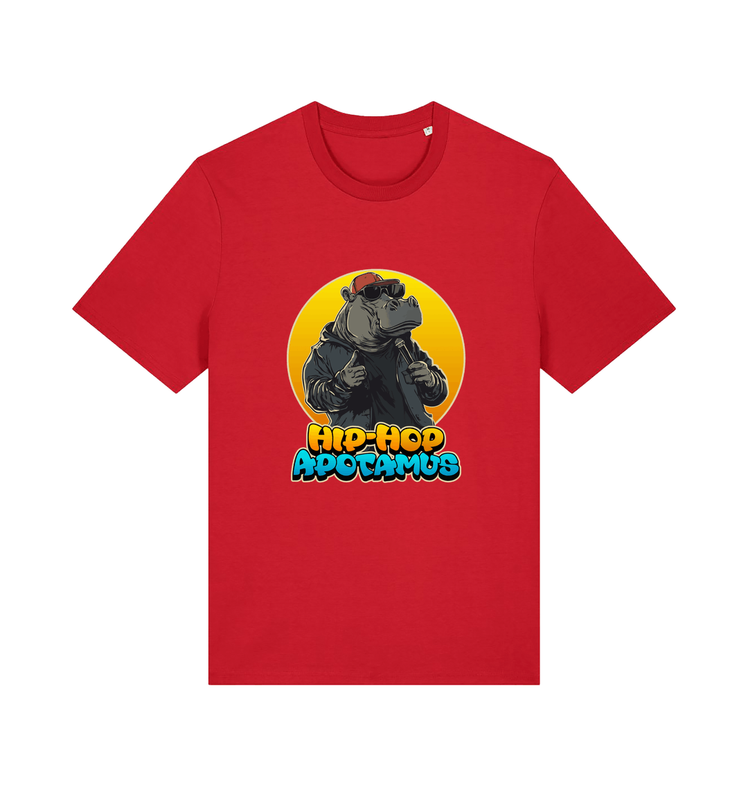 red funny animal t-shirt with the graphic of a hippo and the slogan 'hip-hop apotamus'