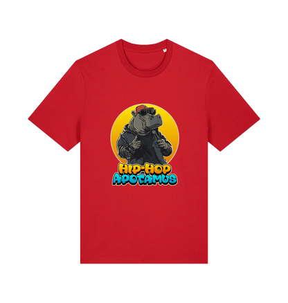 red funny animal t-shirt with the graphic of a hippo and the slogan 'hip-hop apotamus'