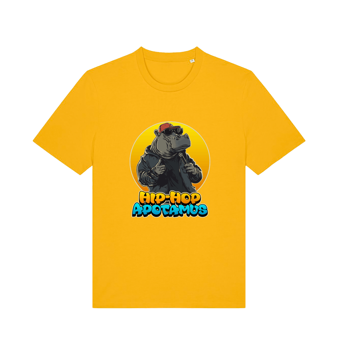 yellow funny animal t-shirt with the graphic of a hippo and the slogan 'hip-hop apotamus'