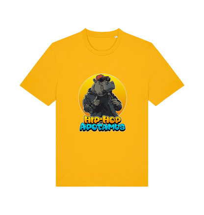 yellow funny animal t-shirt with the graphic of a hippo and the slogan 'hip-hop apotamus'
