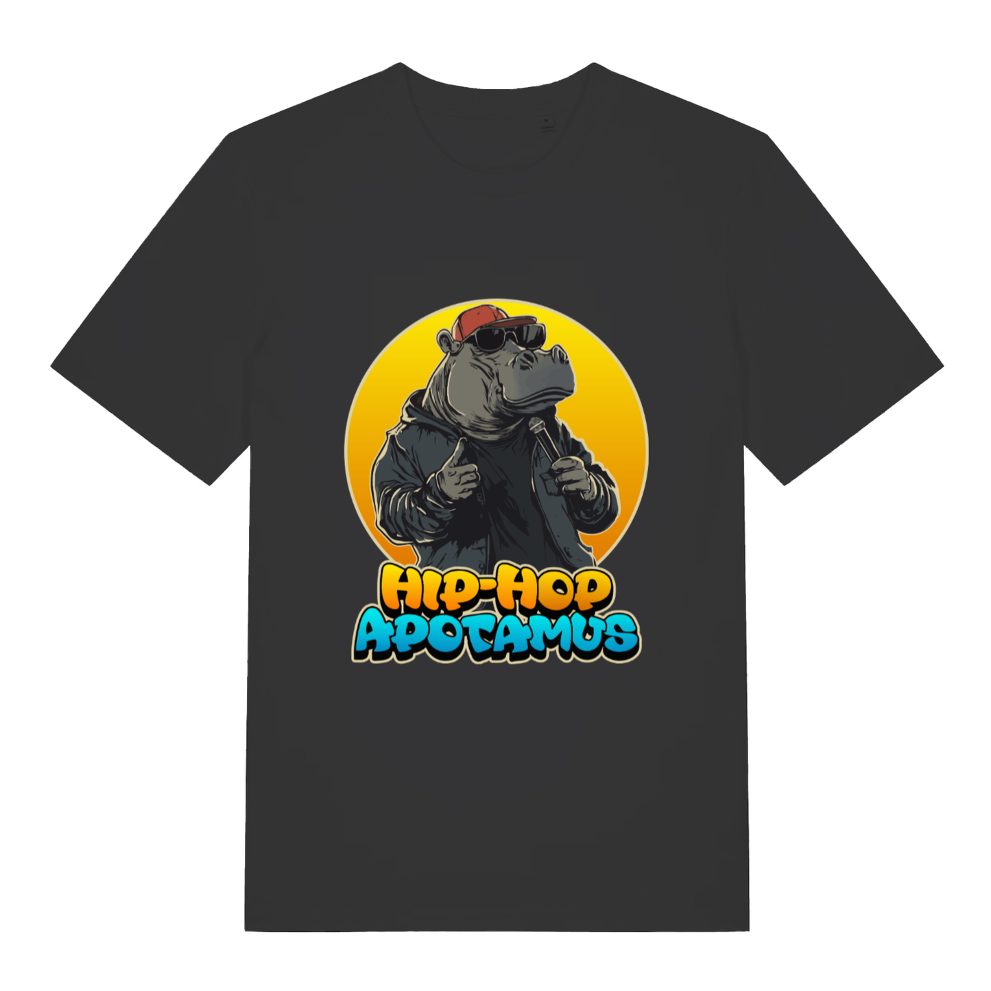 Black women's Hip-Hop Apotamus T-shirt flat lay with cool hippo rapper "Hip-Hop Apotamus" graphic