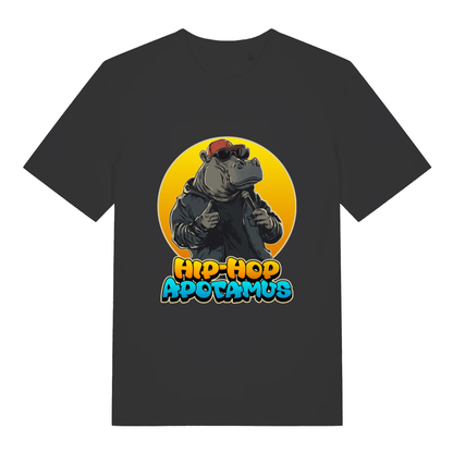 Black women's Hip-Hop Apotamus T-shirt flat lay with cool hippo rapper "Hip-Hop Apotamus" graphic