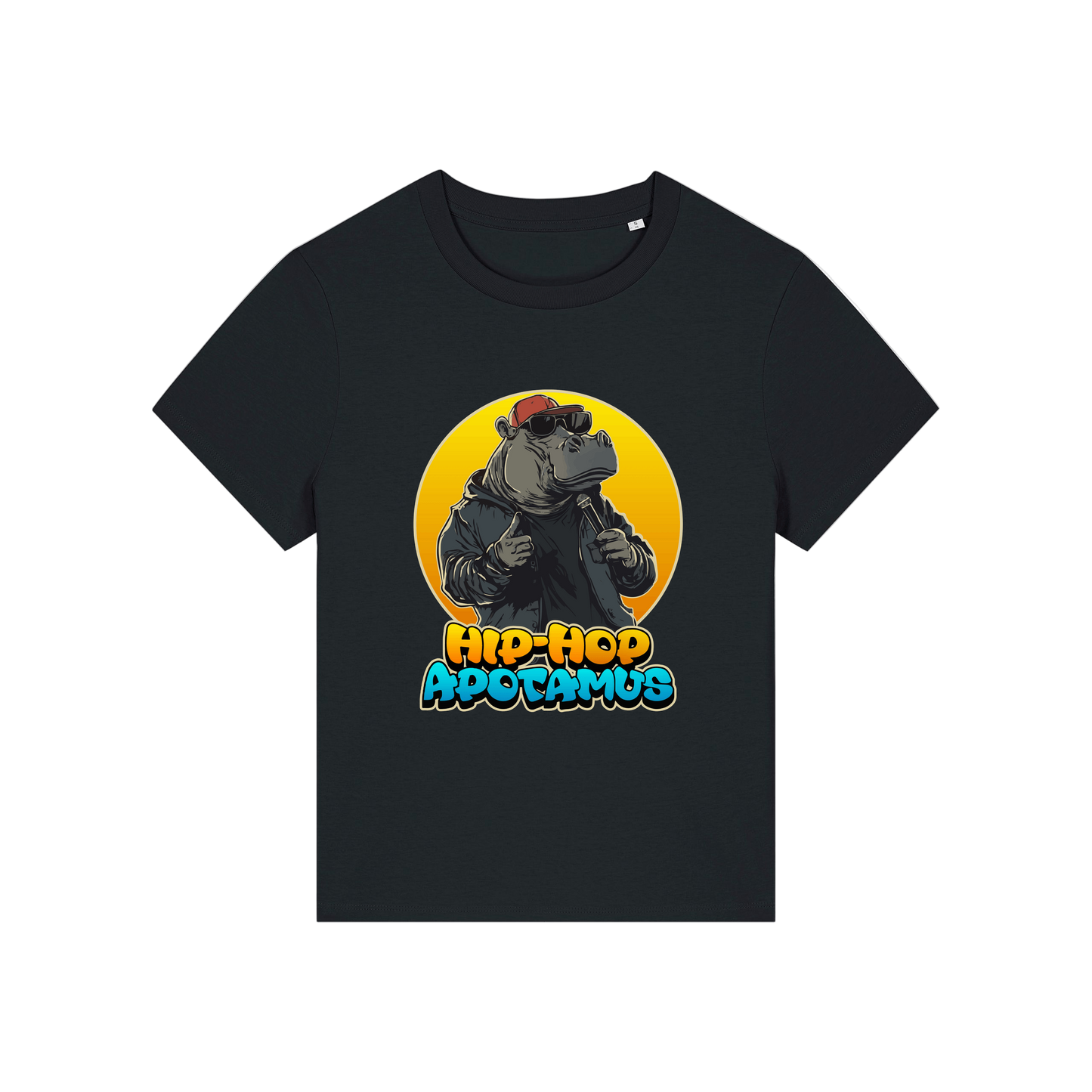 Black kawaii t-shirt with a graphic of a hippo wearing sunglasses and text 'Hip-Hop Apotamus' 