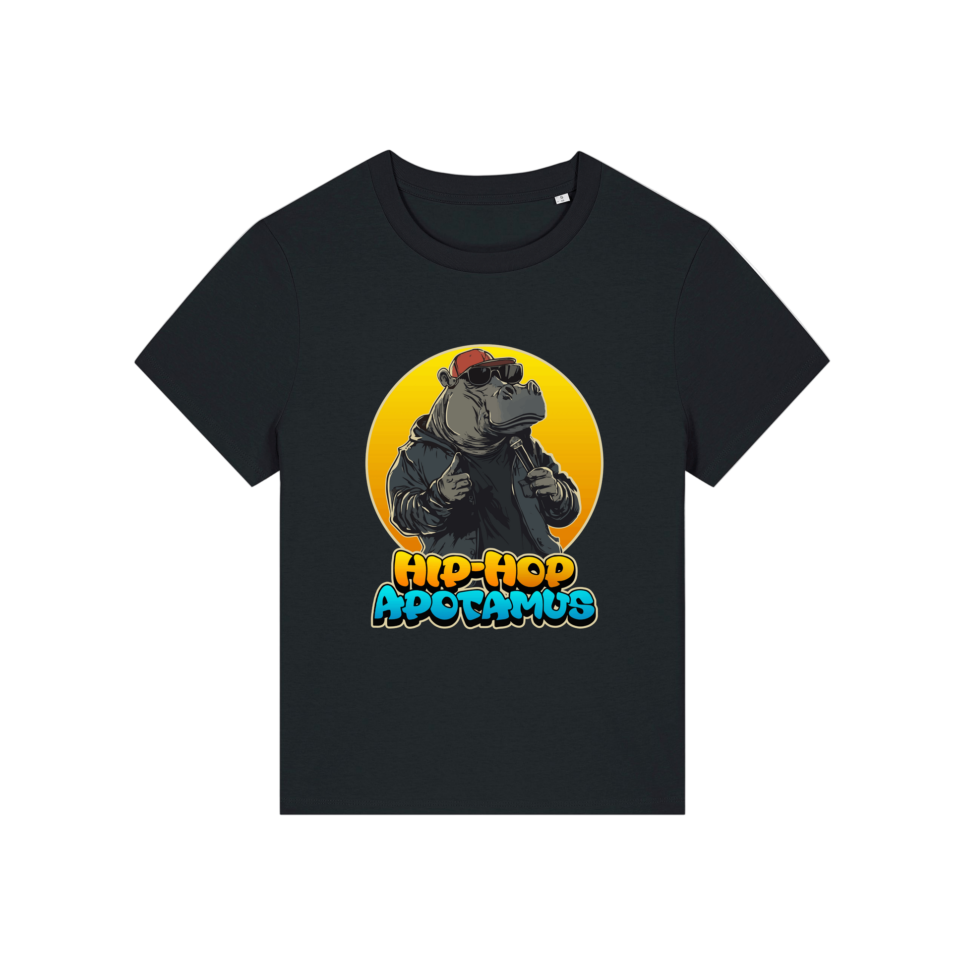 Black kawaii t-shirt with a graphic of a hippo wearing sunglasses and text 'Hip-Hop Apotamus' 