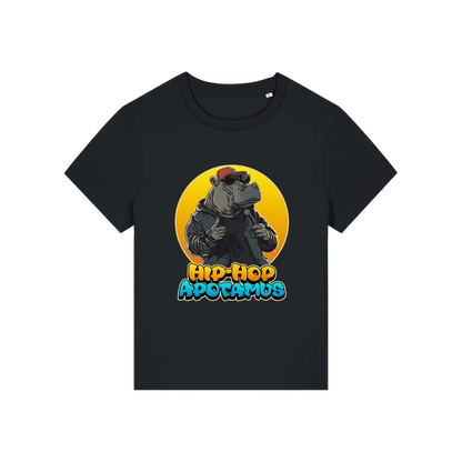 Black kawaii t-shirt with a graphic of a hippo wearing sunglasses and text 'Hip-Hop Apotamus' 