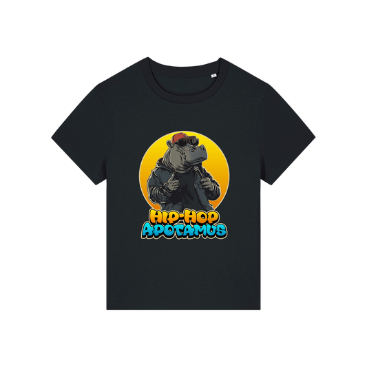 Black kawaii t-shirt with a graphic of a hippo wearing sunglasses and text 'Hip-Hop Apotamus' 
