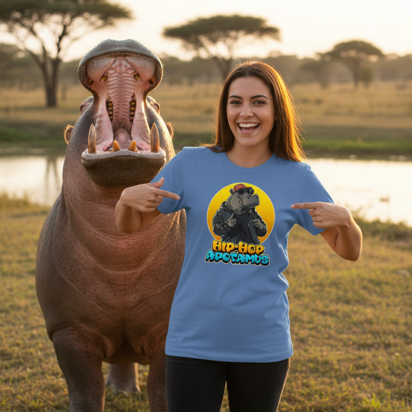 Woman wearing a 'Hip-Hop Hippo' t-shirt pointing at a hippopotamus in a natural setting