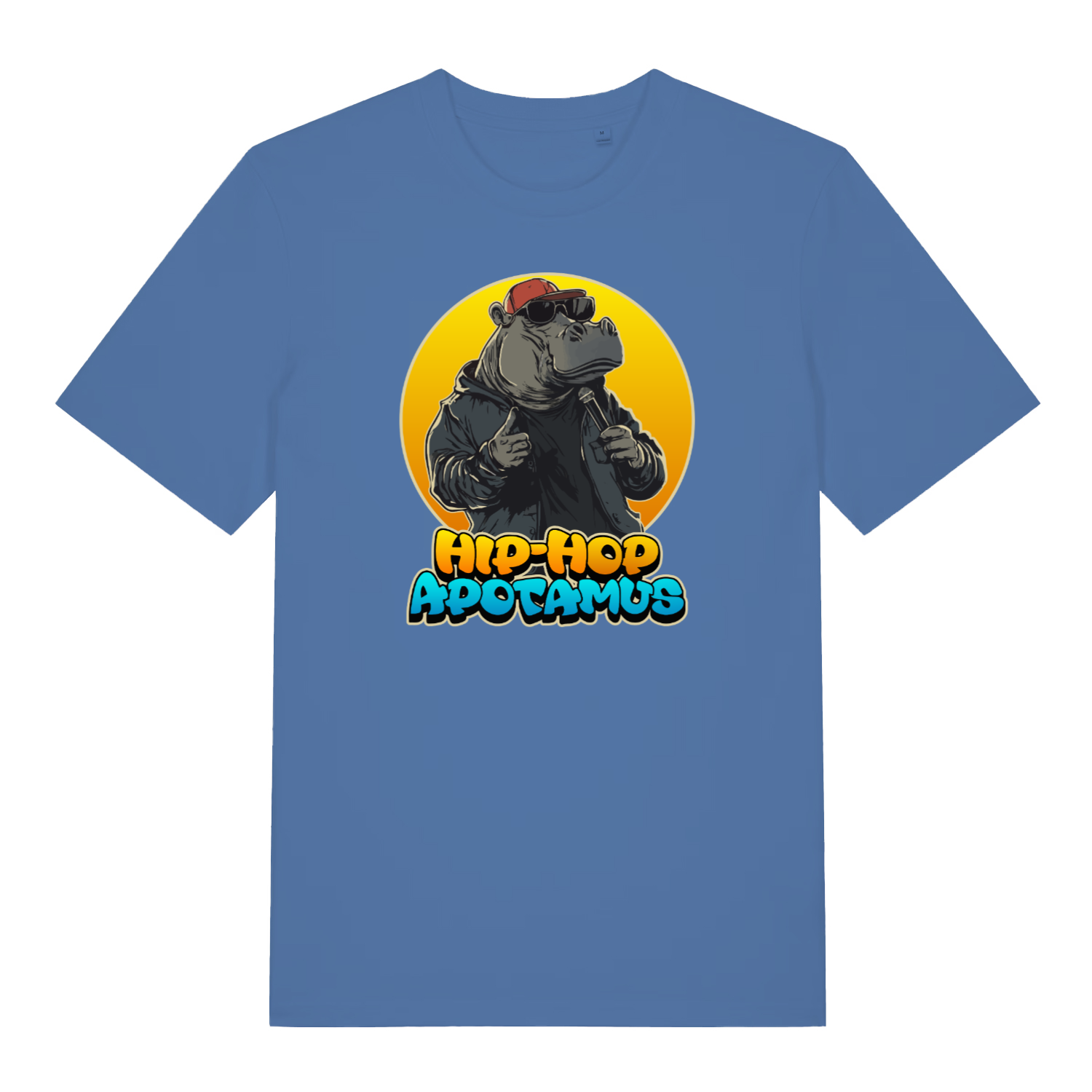 blue women's kawaii  t-shirt with a graphic of a hippo wearing sunglasses and a hat, holding a microphone, with 'Hip-Hop Apotamus'