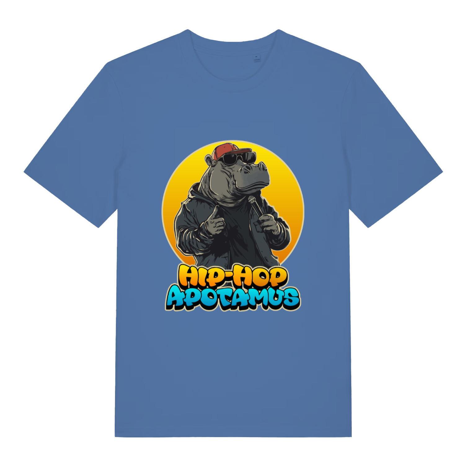 Bright Blue women's Hip-Hop Apotamus T-shirt flat lay featuring funny hippo in sunglasses microphone illustration