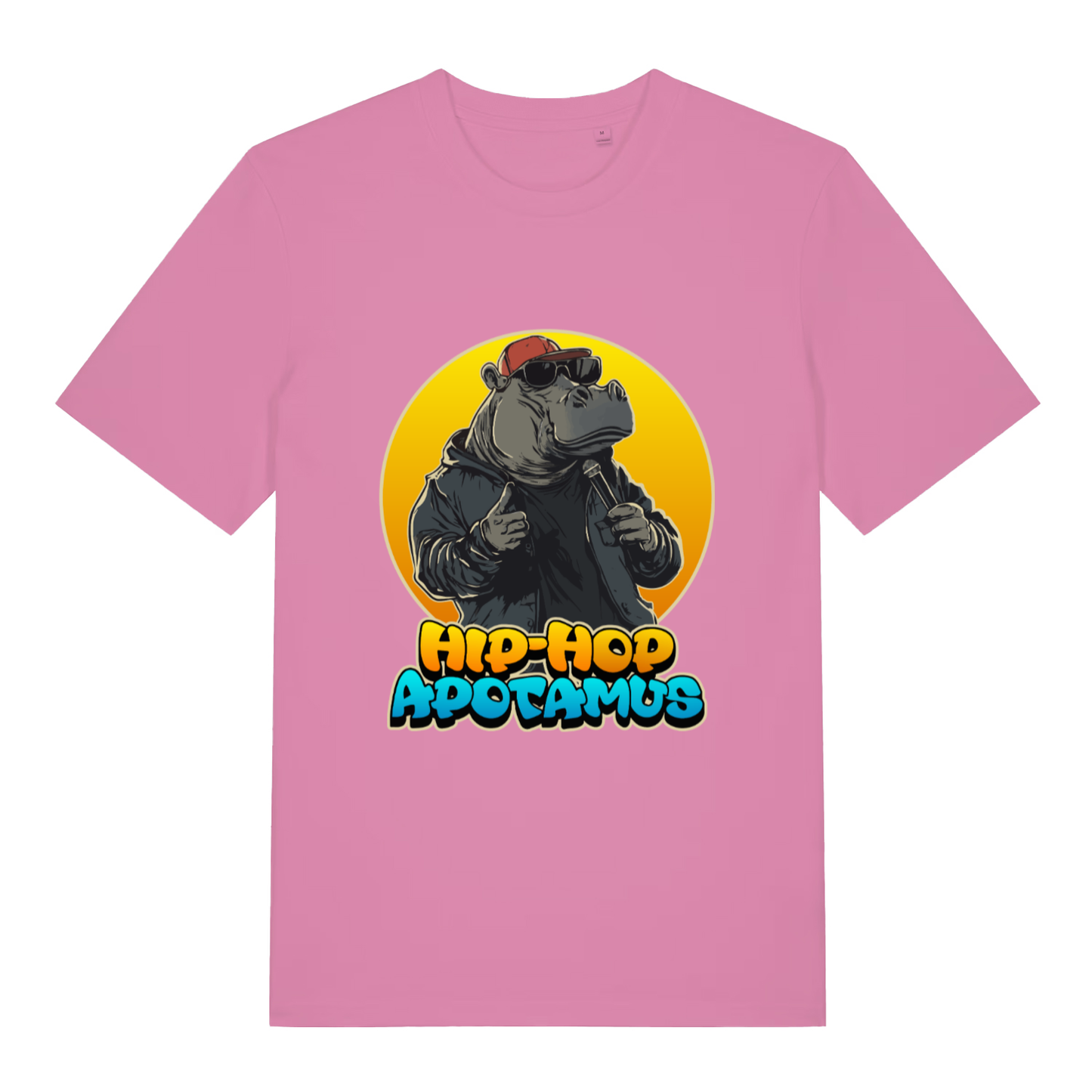 Bubble Pink women's Hip-Hop Apotamus T-shirt flat lay showing hip-hop hippo graphic design