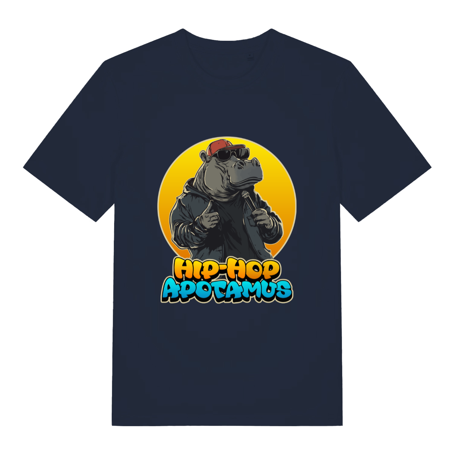 French Navy women's Hip-Hop Apotamus T-shirt flat lay with humorous rapper hippo "Hip-Hop Apotamus" slogan