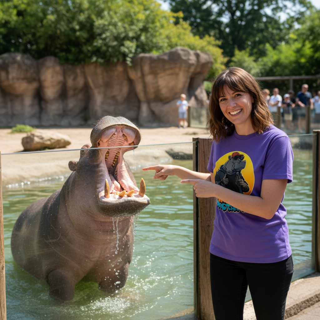 Woman pointing at a hippopotamus in an enclosure with people in the background