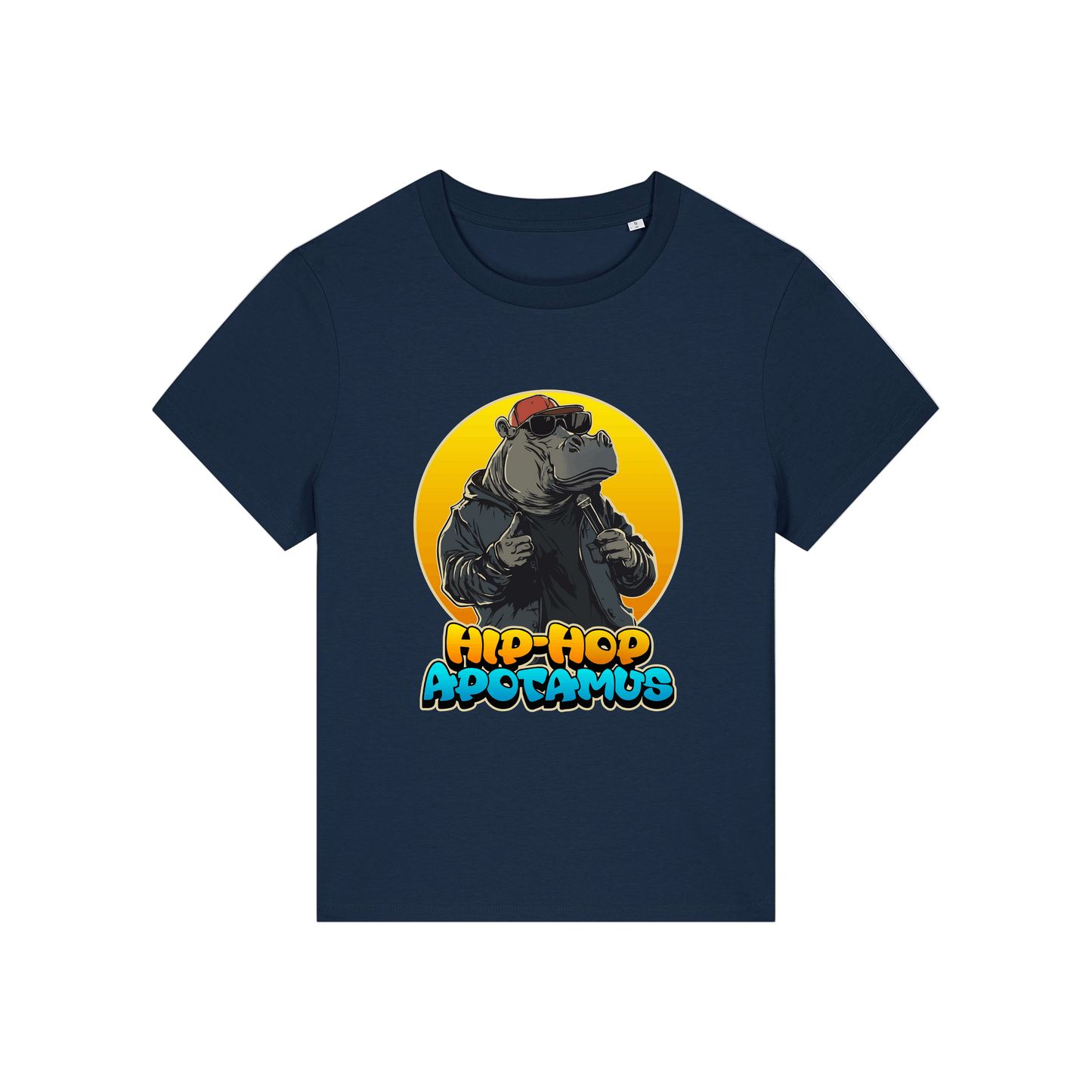 navy kawaii t-shirt with a graphic of a hippo wearing sunglasses and text 'Hip-Hop Apotamus'