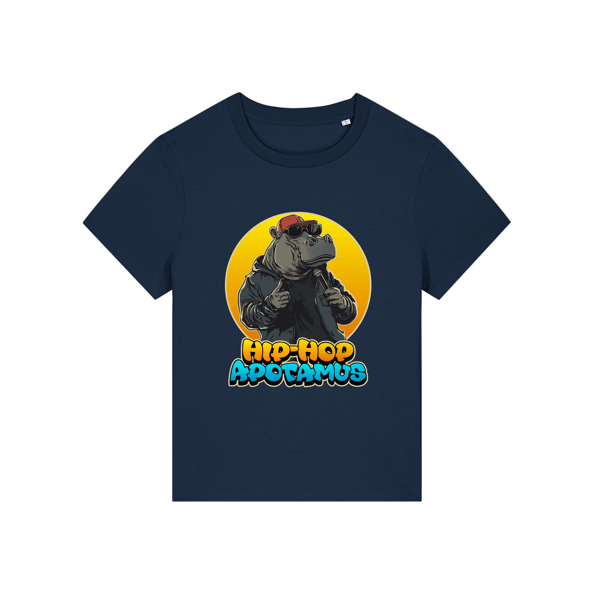 navy kawaii t-shirt with a graphic of a hippo wearing sunglasses and text 'Hip-Hop Apotamus'