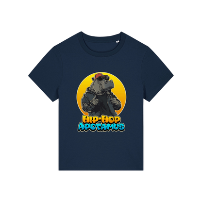navy kawaii t-shirt with a graphic of a hippo wearing sunglasses and text 'Hip-Hop Apotamus'