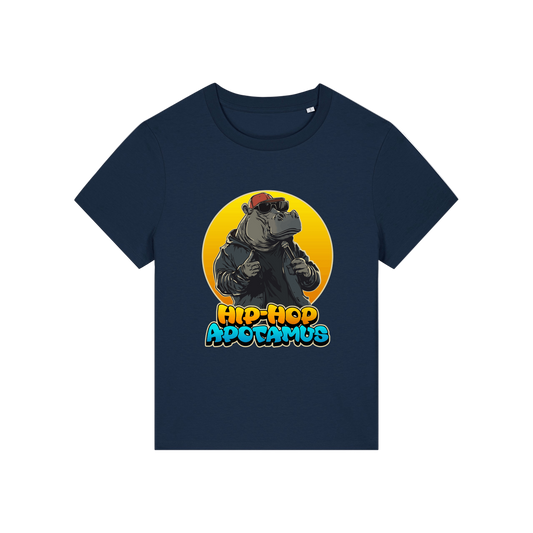 navy kawaii t-shirt with a graphic of a hippo wearing sunglasses and text 'Hip-Hop Apotamus'