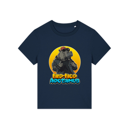 navy kawaii t-shirt with a graphic of a hippo wearing sunglasses and text 'Hip-Hop Apotamus'