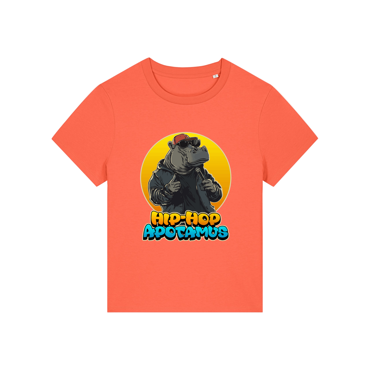 orange kawaii t-shirt with a graphic of a hippo wearing sunglasses and text 'Hip-Hop Apotamus'