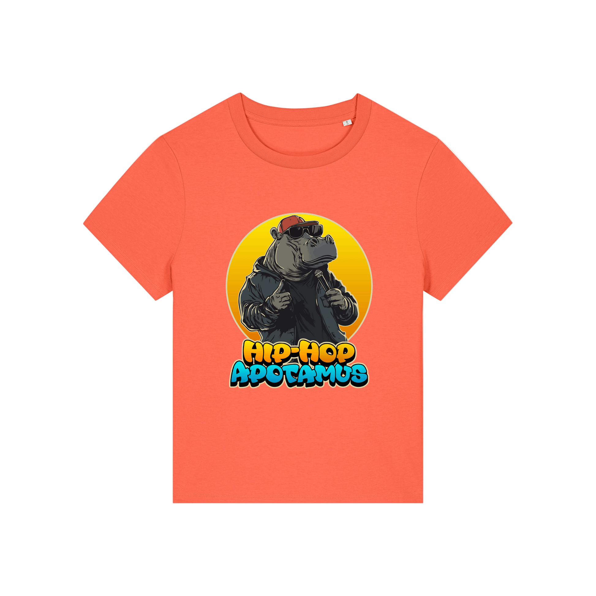 orange kawaii t-shirt with a graphic of a hippo wearing sunglasses and text 'Hip-Hop Apotamus'