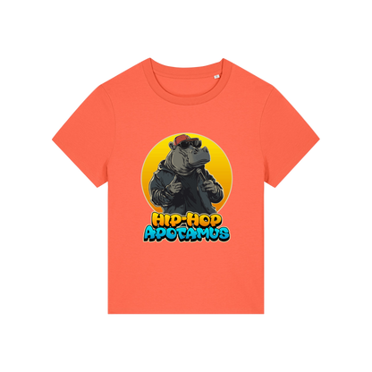 orange kawaii t-shirt with a graphic of a hippo wearing sunglasses and text 'Hip-Hop Apotamus'