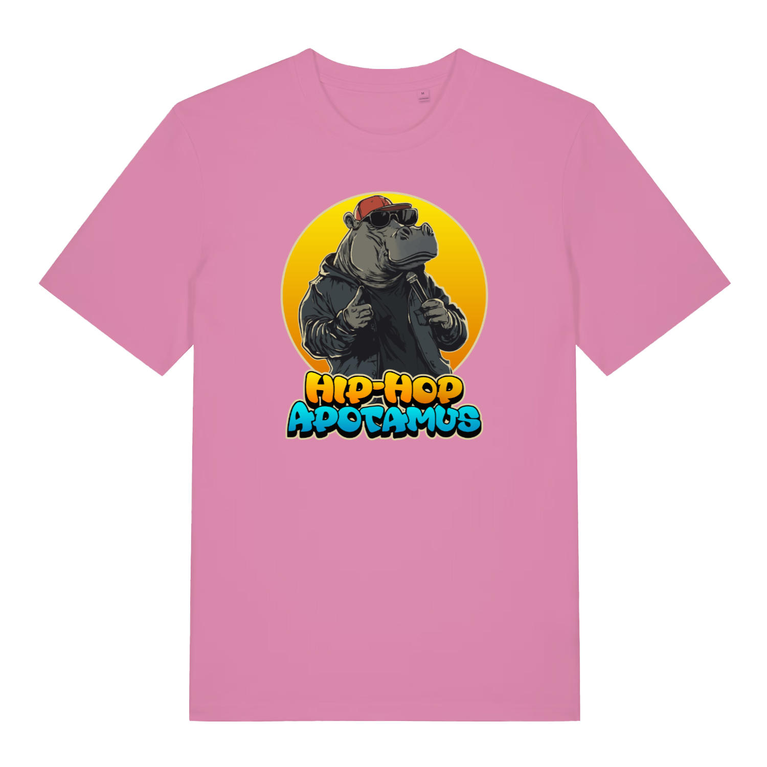 pink women's kawaii t-shirt with a graphic of a hippo wearing sunglasses and a hat, holding a microphone, with 'Hip-Hop Apotamus'