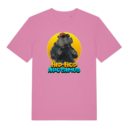 pink women's kawaii t-shirt with a graphic of a hippo wearing sunglasses and a hat, holding a microphone, with 'Hip-Hop Apotamus'