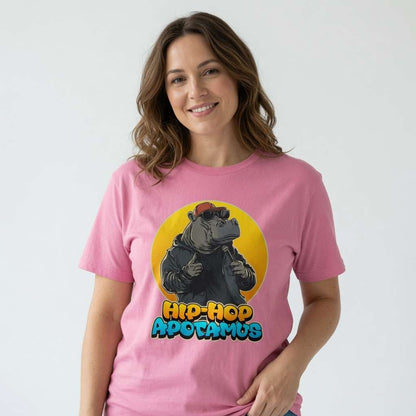 Woman smiling in pink Hip-Hop Apotamus tee, witty ladies cheeky hippo pun graphic
