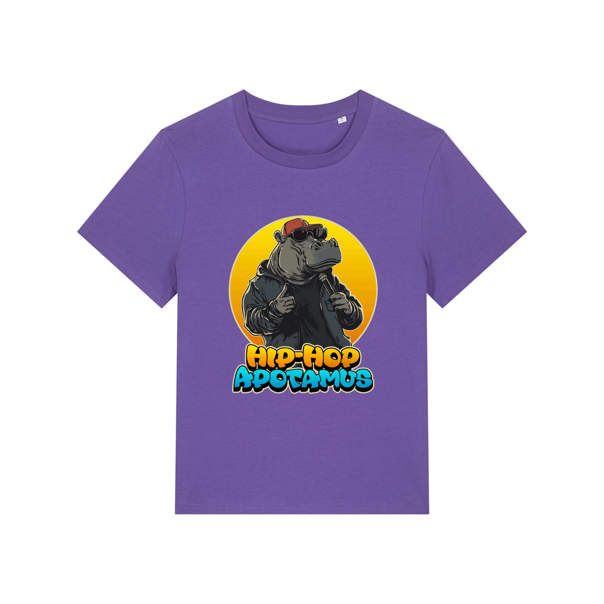 purple kawaii t-shirt with a graphic of a hippo wearing sunglasses and text 'Hip-Hop Apotamus'