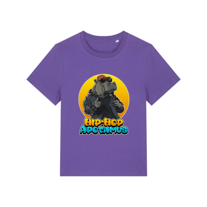 purple kawaii t-shirt with a graphic of a hippo wearing sunglasses and text 'Hip-Hop Apotamus'