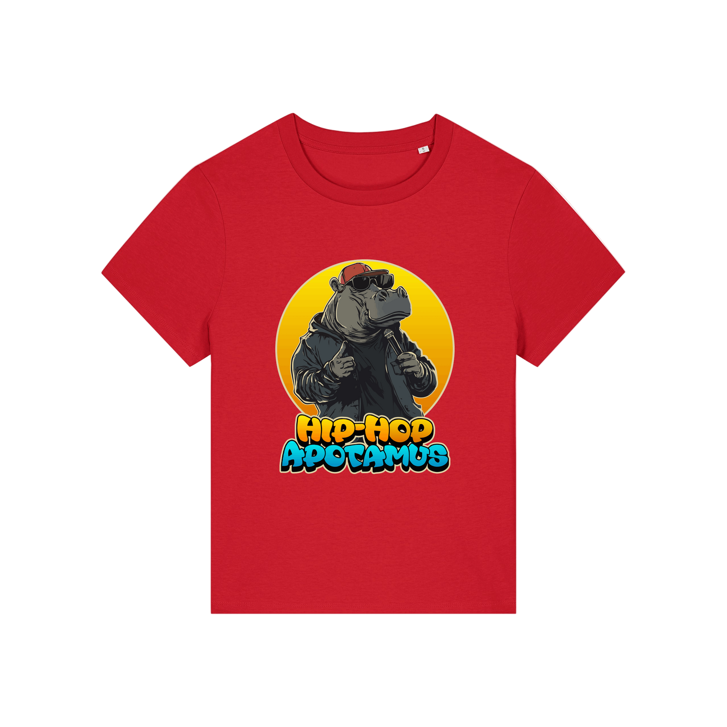red kawaii t-shirt with a graphic of a hippo wearing sunglasses and text 'Hip-Hop Apotamus'
