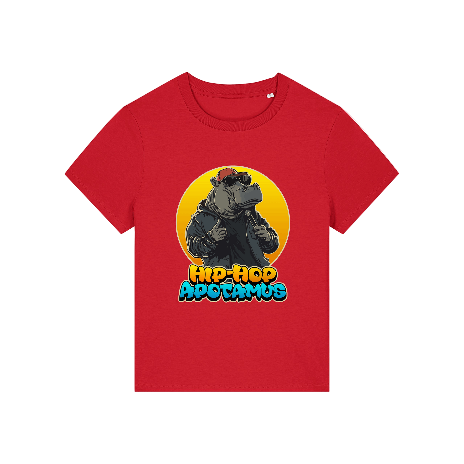 red kawaii t-shirt with a graphic of a hippo wearing sunglasses and text 'Hip-Hop Apotamus'