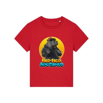 red kawaii t-shirt with a graphic of a hippo wearing sunglasses and text 'Hip-Hop Apotamus'