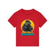 red kawaii t-shirt with a graphic of a hippo wearing sunglasses and text 'Hip-Hop Apotamus'