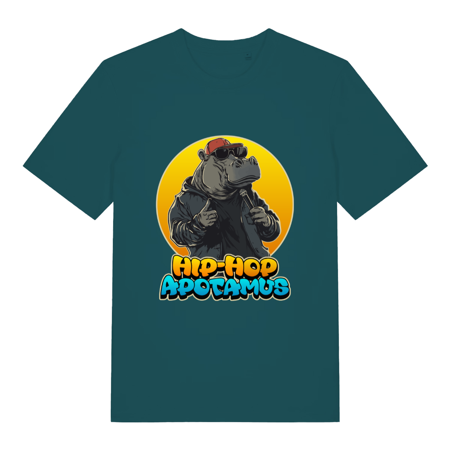 Stargazer women's Hip-Hop Apotamus T-shirt flat lay displaying cool hippo rapper illustration