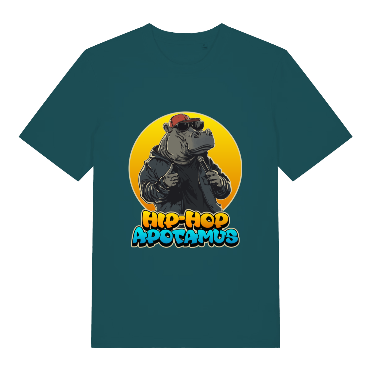 Stargazer women's Hip-Hop Apotamus T-shirt flat lay displaying cool hippo rapper illustration