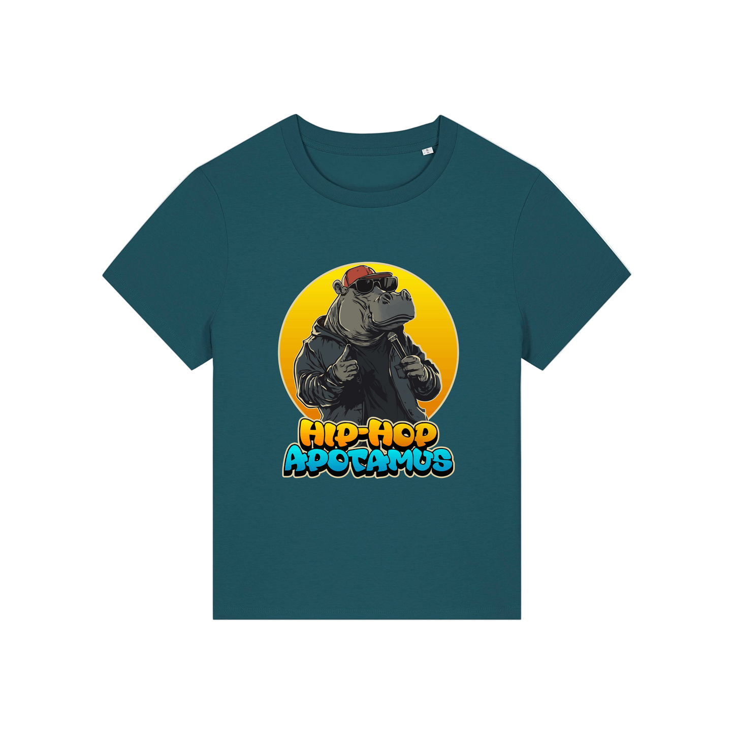 teal kawaii t-shirt with a graphic of a hippo wearing sunglasses and text 'Hip-Hop Apotamus'