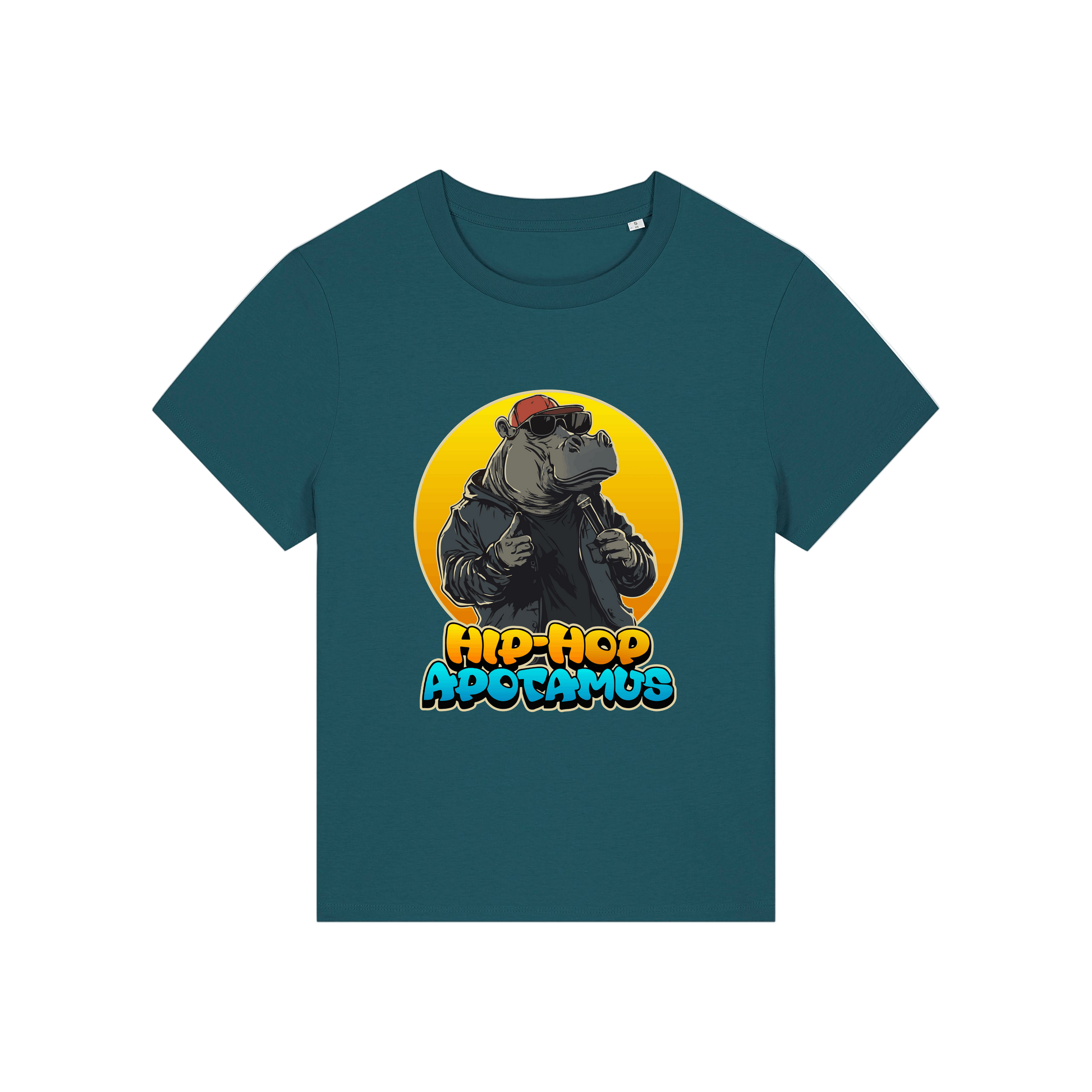 teal kawaii t-shirt with a graphic of a hippo wearing sunglasses and text 'Hip-Hop Apotamus'