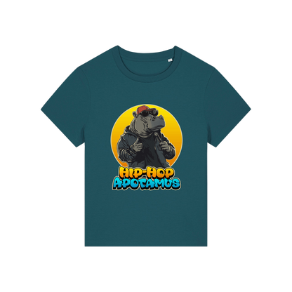 teal kawaii t-shirt with a graphic of a hippo wearing sunglasses and text 'Hip-Hop Apotamus'