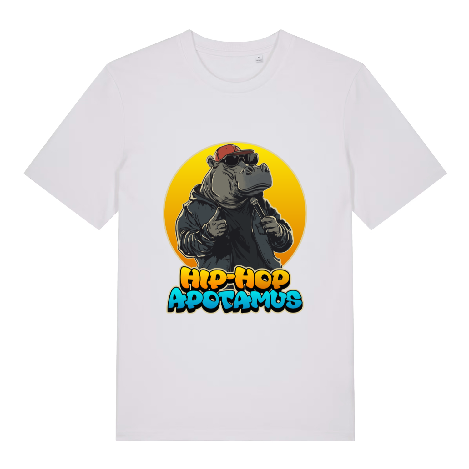 White women's Hip-Hop Apotamus T-shirt flat lay with funny hippo "Hip-Hop Apotamus" graphic