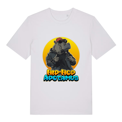 White women's Hip-Hop Apotamus T-shirt flat lay with funny hippo "Hip-Hop Apotamus" graphic