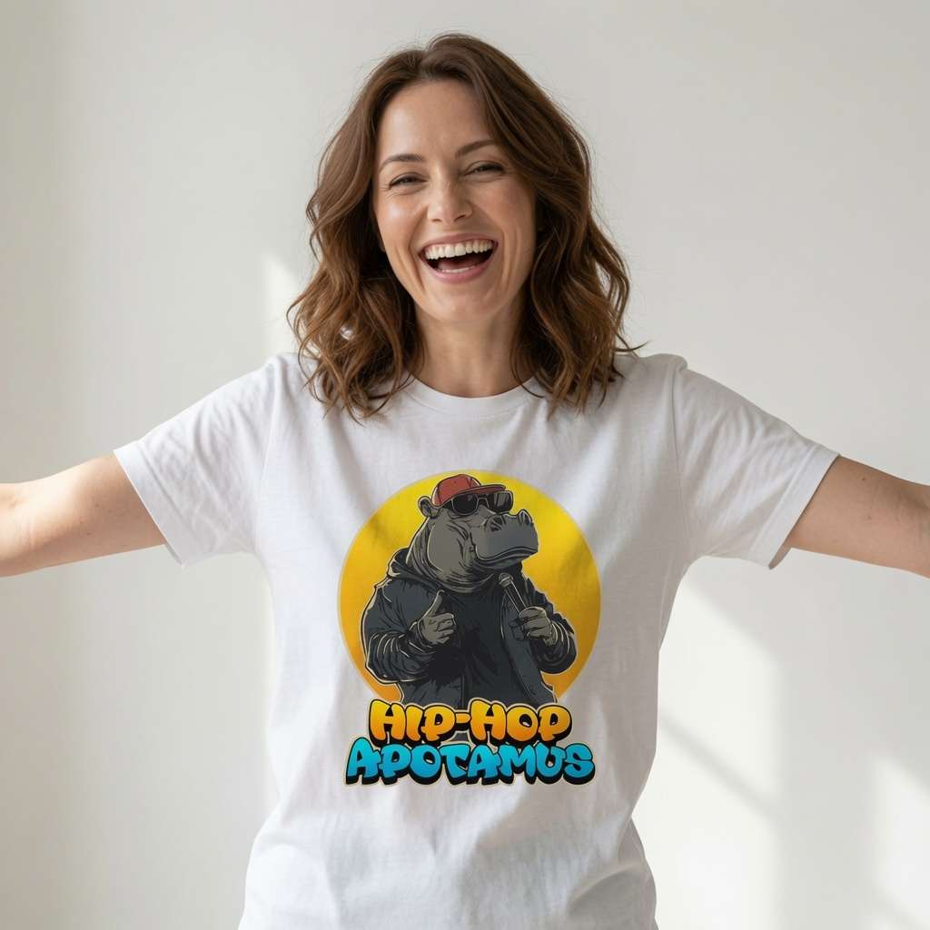 Woman laughing with arms out in white Hip-Hop Apotamus t-shirt featuring cool rapping hippo, funny witty hippo pun graphic