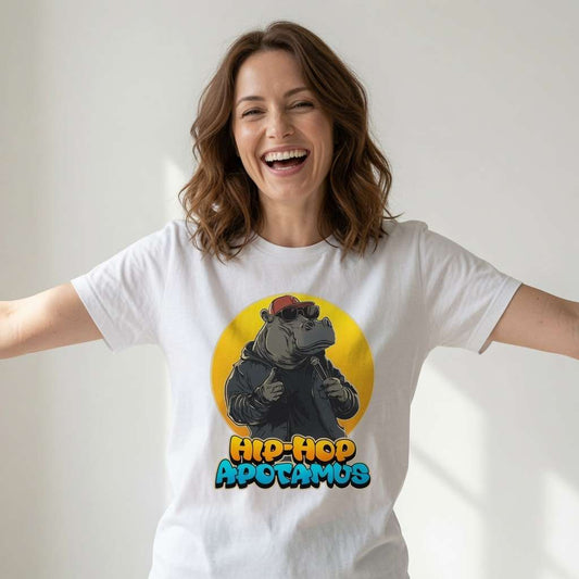 Woman laughing with arms out in white Hip-Hop Apotamus t-shirt featuring cool rapping hippo, funny witty hippo pun graphic