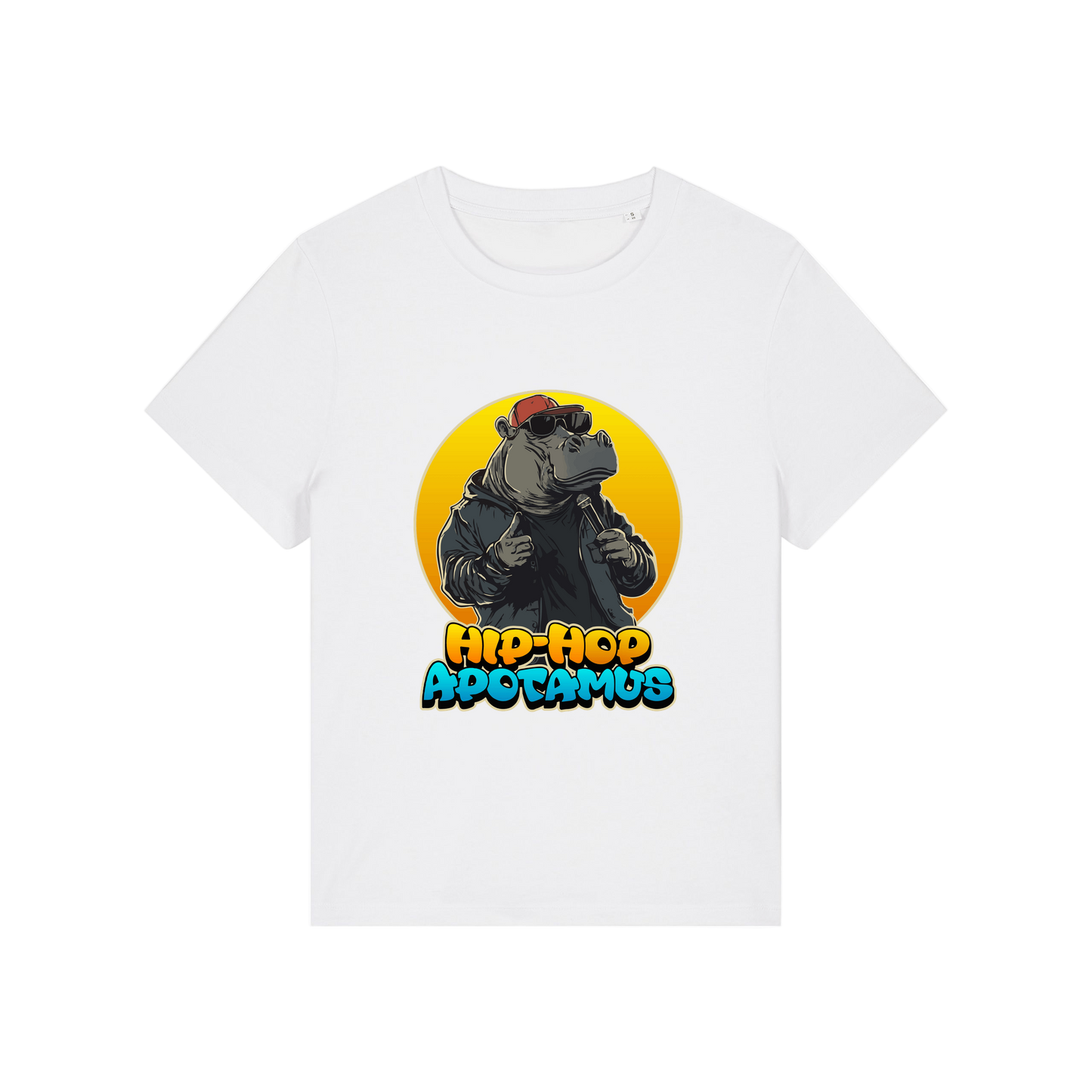 white kawaii t-shirt with a graphic of a hippo wearing sunglasses and text 'Hip-Hop Apotamus'