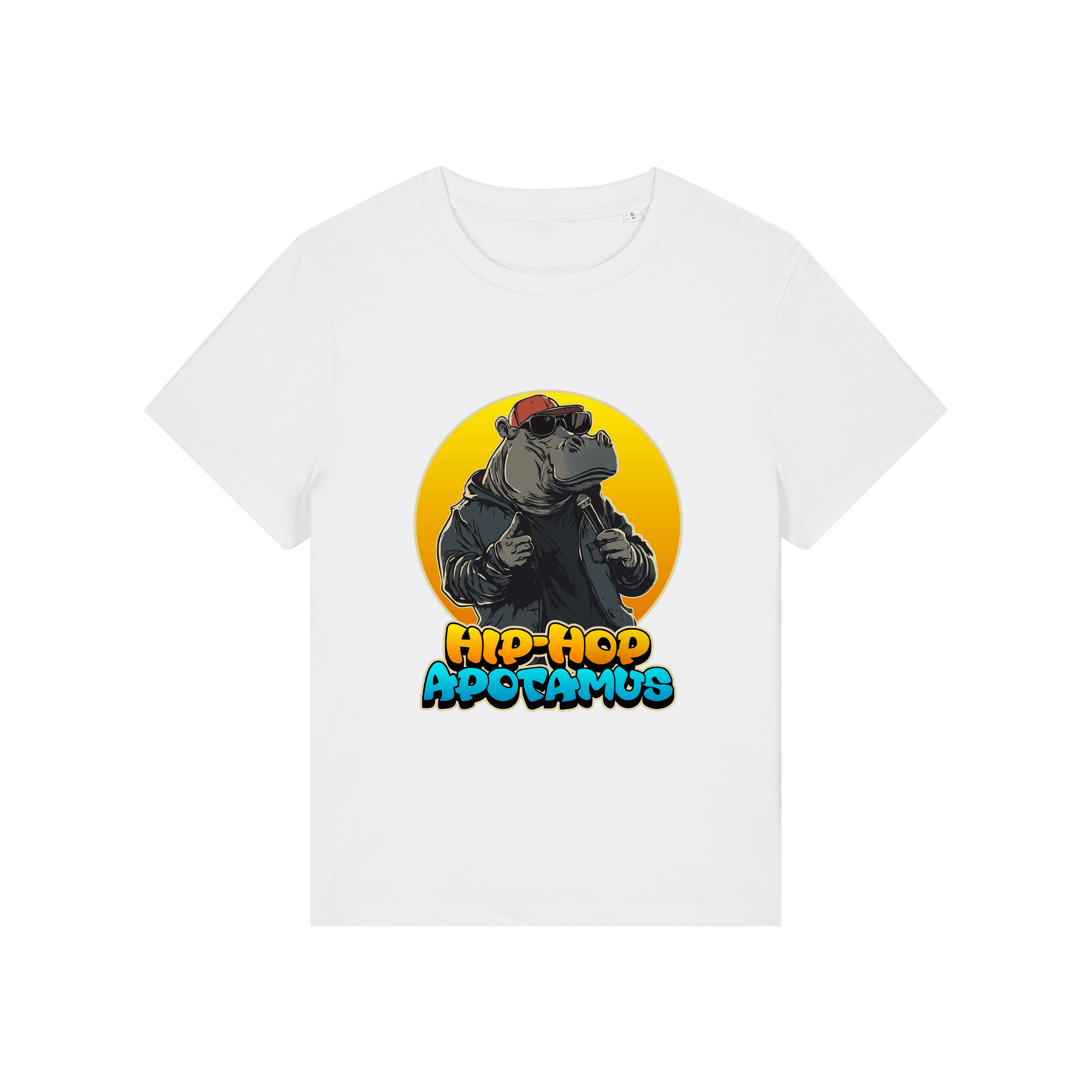 white kawaii t-shirt with a graphic of a hippo wearing sunglasses and text 'Hip-Hop Apotamus'