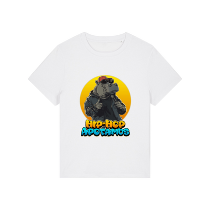 white kawaii t-shirt with a graphic of a hippo wearing sunglasses and text 'Hip-Hop Apotamus'