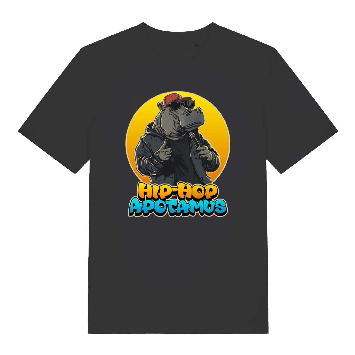 black funny animal t-shirt with the graphic of a hippopotamus and the slogan 'hip-hop apotamus'